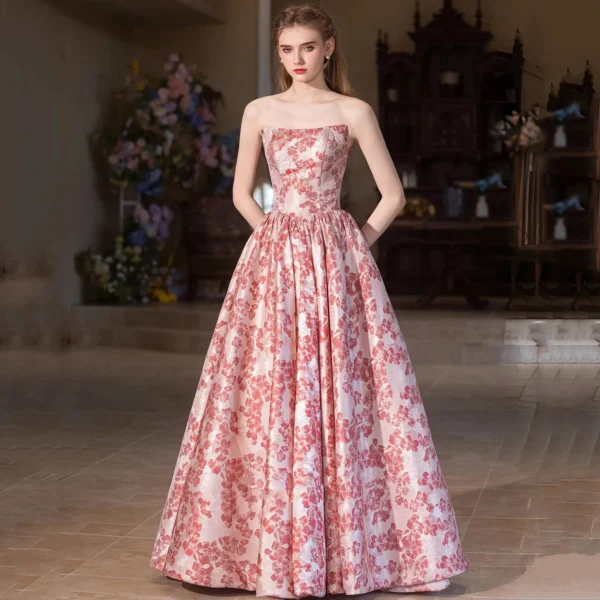 Elegant Pink Floral Lace Evening Dress