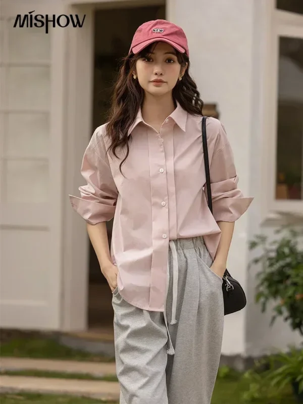 MISHOW Women Shirts Loose Spring Solid Polo-Neck Single Breasted Blouse Office Lady Long Sleeve Tops Clothing Female MXC13C0006 - Image 2