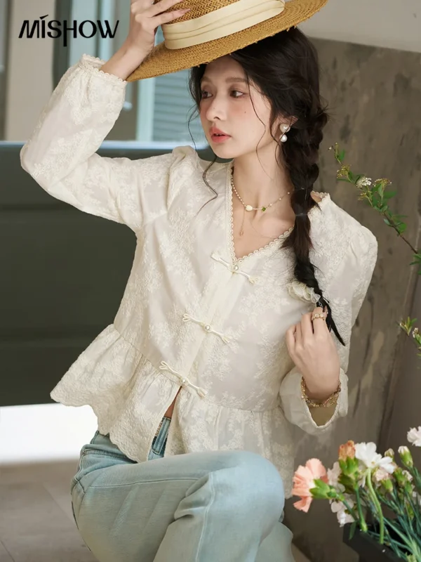 MISHOW Chinese Lace Blouses French Sweet Three-dimensional Embroidery Spring 2024 Button Up V-neck Long Sleeved Top MXD14X1433 - Image 2