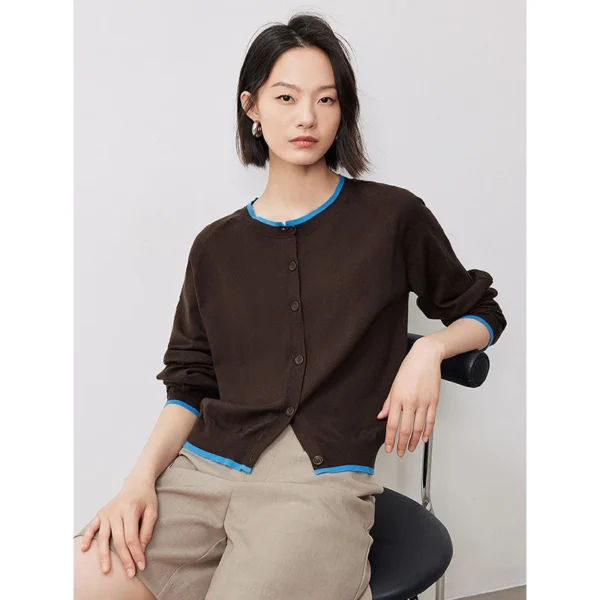 TOYOUTH Women Knitted Sweater 2024 Autumn New Contrasting Color Single Breasted Button Long Sleeve Round Neck Cardigan - Image 2