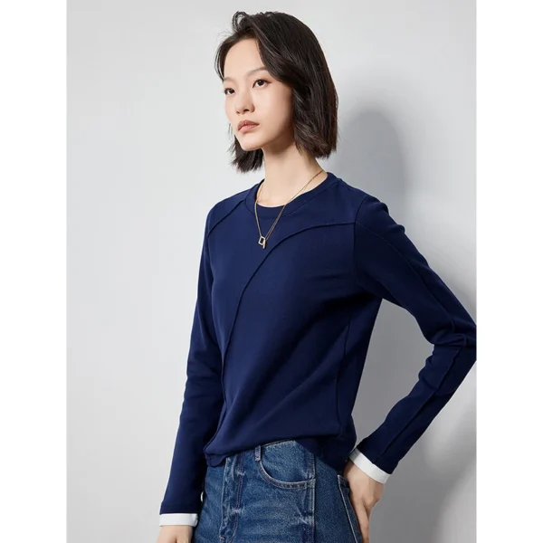 TOYOUTH Women Long Sleeve T shirt 2024 Autumn New Pleated O Neck Long Sleeve Patchwork Basic Shirt Tops - Image 4