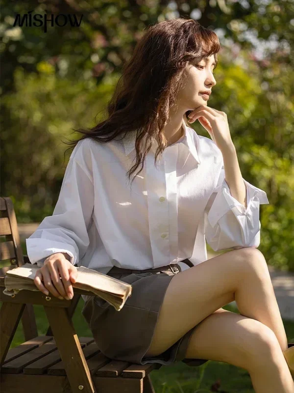 MISHOW Women Shirts Loose Spring Solid Polo-Neck Single Breasted Blouse Office Lady Long Sleeve Tops Clothing Female MXC13C0006 - Image 3