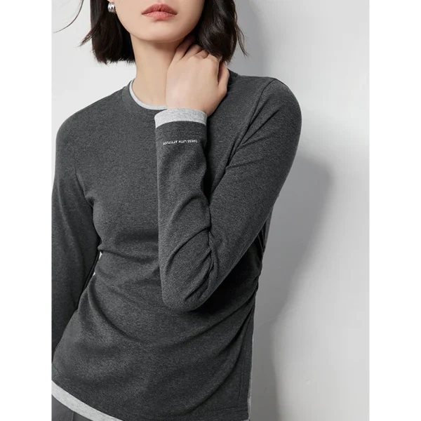 TOYOUTH Women Long Sleeve T-shirt 2024 Autumn New Fake Two Piece Slim Waist Open Slit Contrasting Color Pullover Tops - Image 4