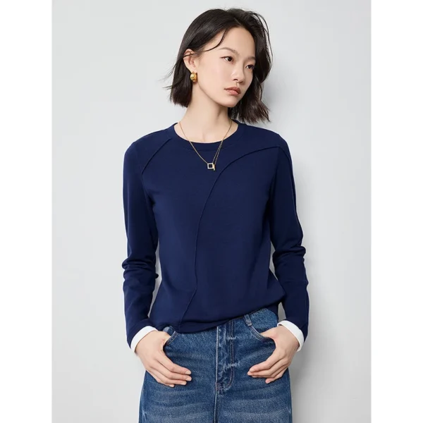 TOYOUTH Women Long Sleeve T shirt 2024 Autumn New Pleated O Neck Long Sleeve Patchwork Basic Shirt Tops - Image 3