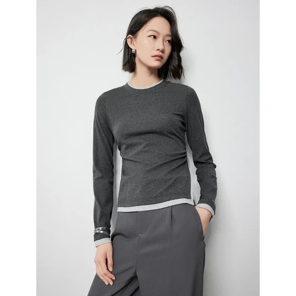 TOYOUTH Women Long Sleeve T-shirt 2024 Autumn New Fake Two Piece Slim Waist Open Slit Contrasting Color Pullover Tops - Image 3