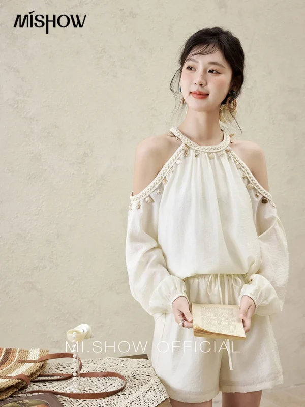 MISHOW Bohemian Fashion Two Piece Pants Set Spring 2025 Solid Long Sleeve Spliced Top Women Elastic Waist Shorts Lady MXE16T0530