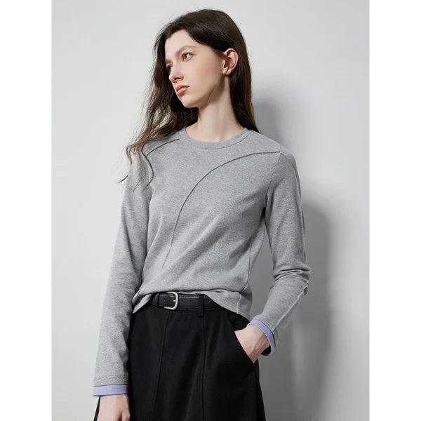TOYOUTH Women Long Sleeve T shirt 2024 Autumn New Pleated O Neck Long Sleeve Patchwork Basic Shirt Tops - Image 2