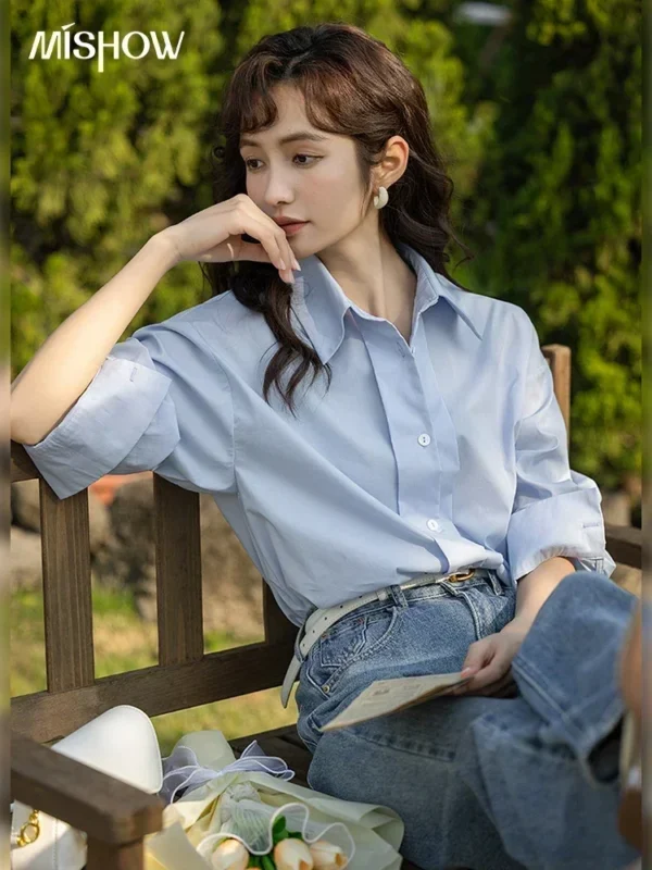 MISHOW Women Shirts Loose Spring Solid Polo-Neck Single Breasted Blouse Office Lady Long Sleeve Tops Clothing Female MXC13C0006