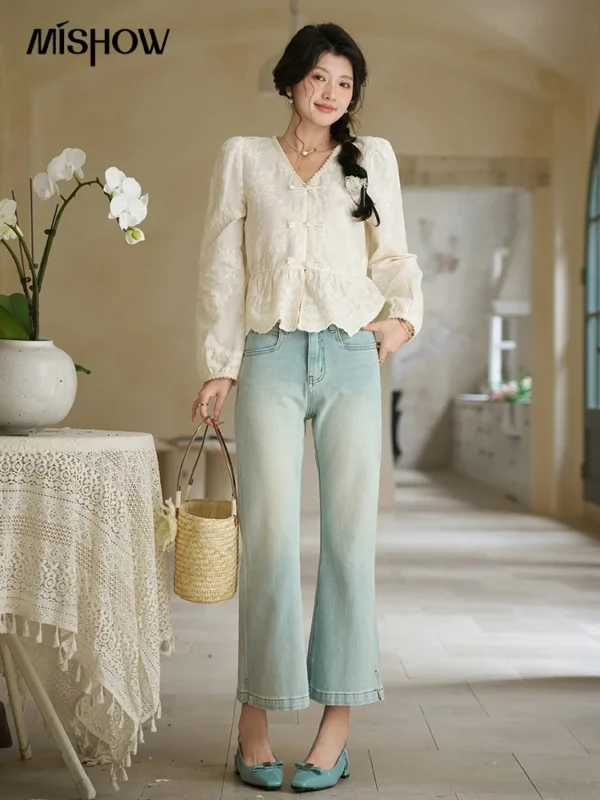 MISHOW Chinese Lace Blouses French Sweet Three-dimensional Embroidery Spring 2024 Button Up V-neck Long Sleeved Top MXD14X1433 - Image 3