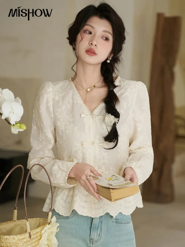 MISHOW Chinese Lace Blouses French Sweet Three-dimensional Embroidery Spring 2024 Button Up V-neck Long Sleeved Top MXD14X1433 - Image 4