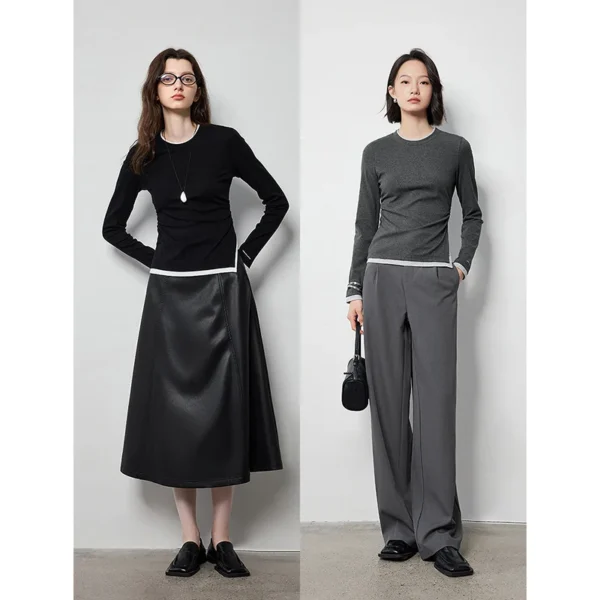 TOYOUTH Women Long Sleeve T-shirt 2024 Autumn New Fake Two Piece Slim Waist Open Slit Contrasting Color Pullover Tops - Image 5