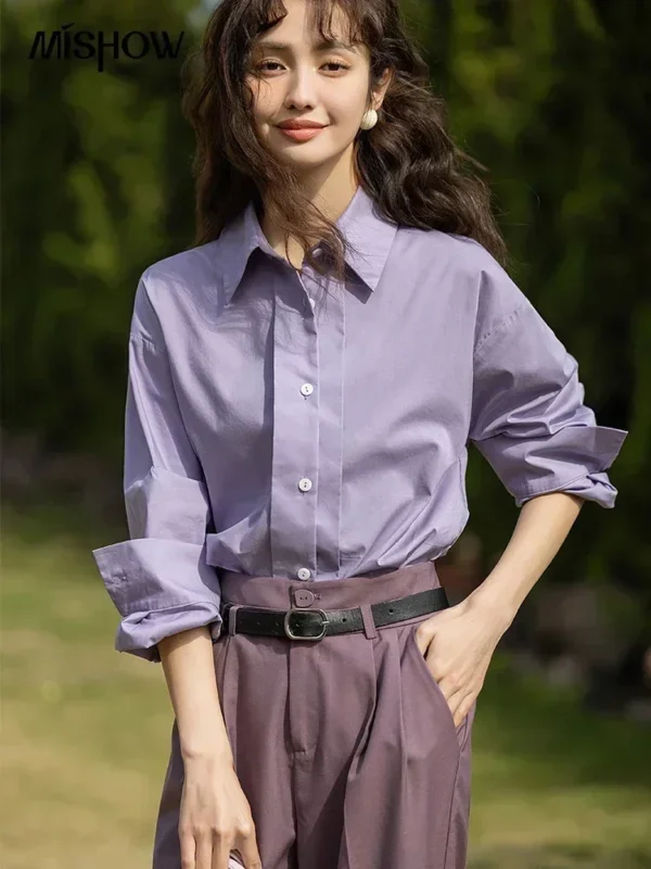 MISHOW Women Shirts Loose Spring Solid Polo-Neck Single Breasted Blouse Office Lady Long Sleeve Tops Clothing Female MXC13C0006 - Image 4