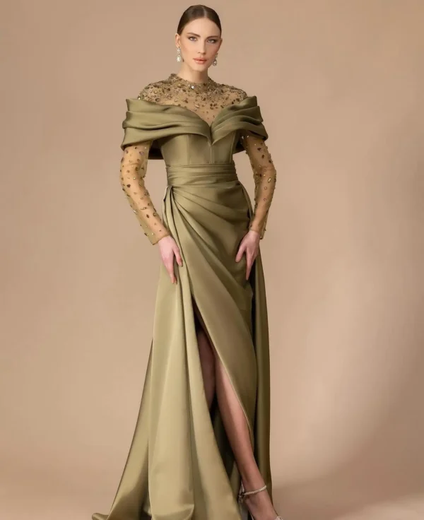 customized Long Sleeves Prom Dresses O Neck Evening Dresses Vestidos De Noche Pleated Beading Crystal Floor Length Party Dresses