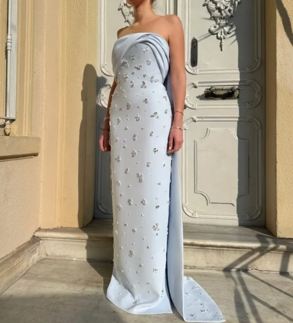 customized Sky Blue Sleevesless Prom Dresses O Neck Evening Dresses Vestidos De Noche Beading Crystal Floor Length Party Dresses