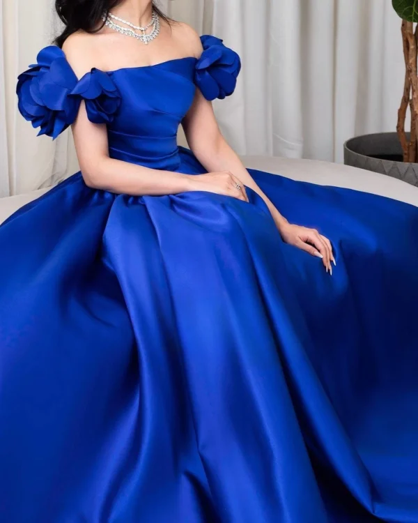 Saudi Arabia Elegant Evening Gowns Blue A-Line Off Shoulder Floor-length Soft Satin Prom Dresses Formal Occasion Party Gowns