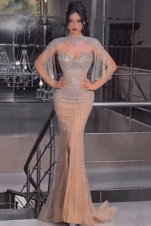 فستان سهرة نيود بقصة حورية البحر وشراشيب فاخرة قابلة للفصل