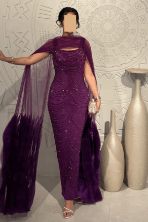 ✨ فستان سهرة بنفسجي فاخر بشراشيب وأكمام كاب