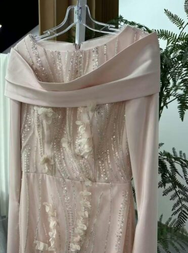 فستان سهرة وردي بتفاصيل ورود ثلاثية الأبعاد وأكمام كاب شفافة photo review