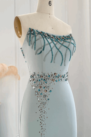 فستان سهرة فاخر بلون فيروزي كريستالي بقصة حورية البحر (Mermaid)