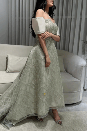 فستان سهرة أخضر ناعم بكتف واحد