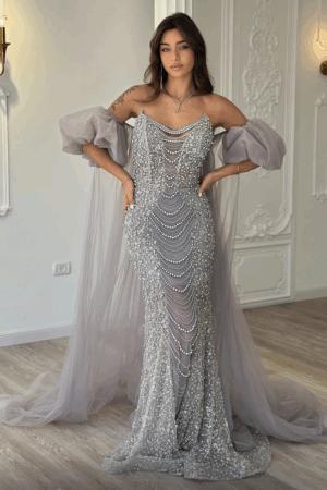 فستان سهرة بنفسجي فاخر بقصة حورية البحر، بأكمام Cape وشراشيب